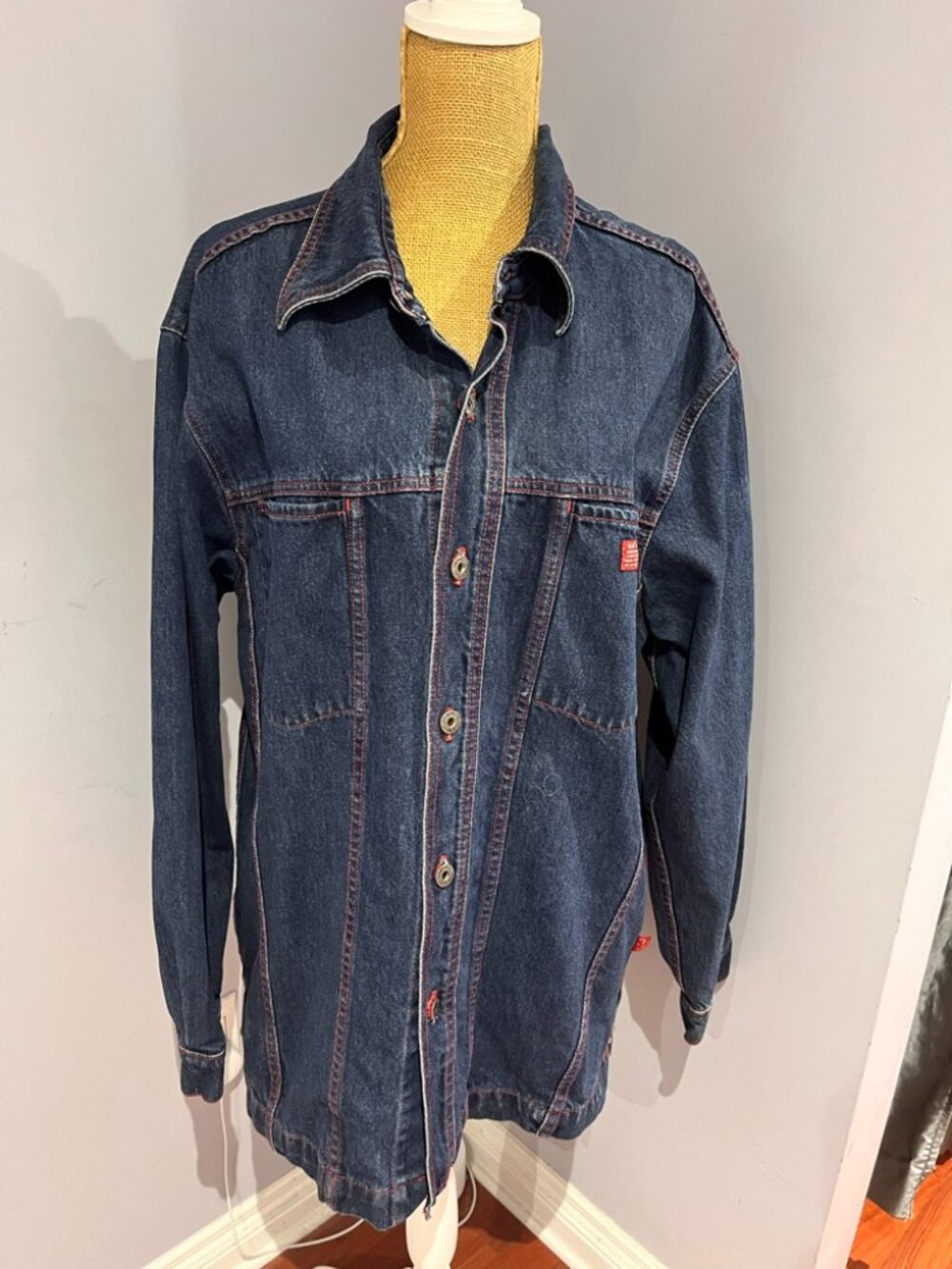 Vintage 90s GUESS JEANS USA Denim Chore Coat Jacket Red Stitch Made in Canada M